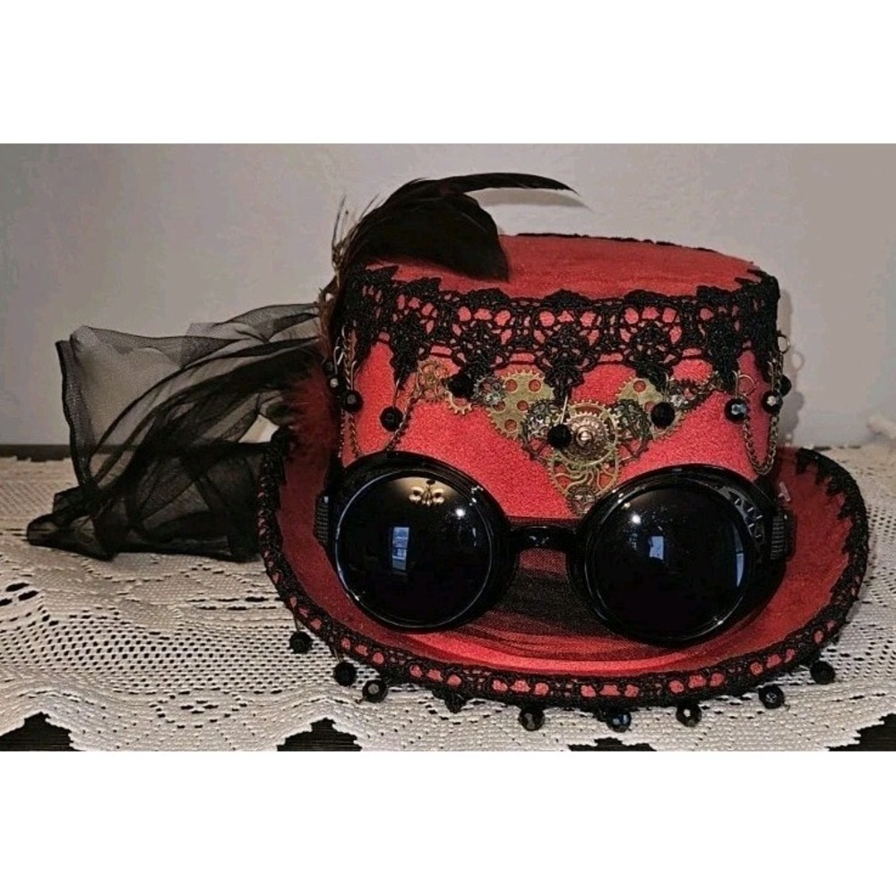 NWT Red Steampunk Adult Top Hat Only Removable Goggles Cosplay Costume - Picture 2 of 5
